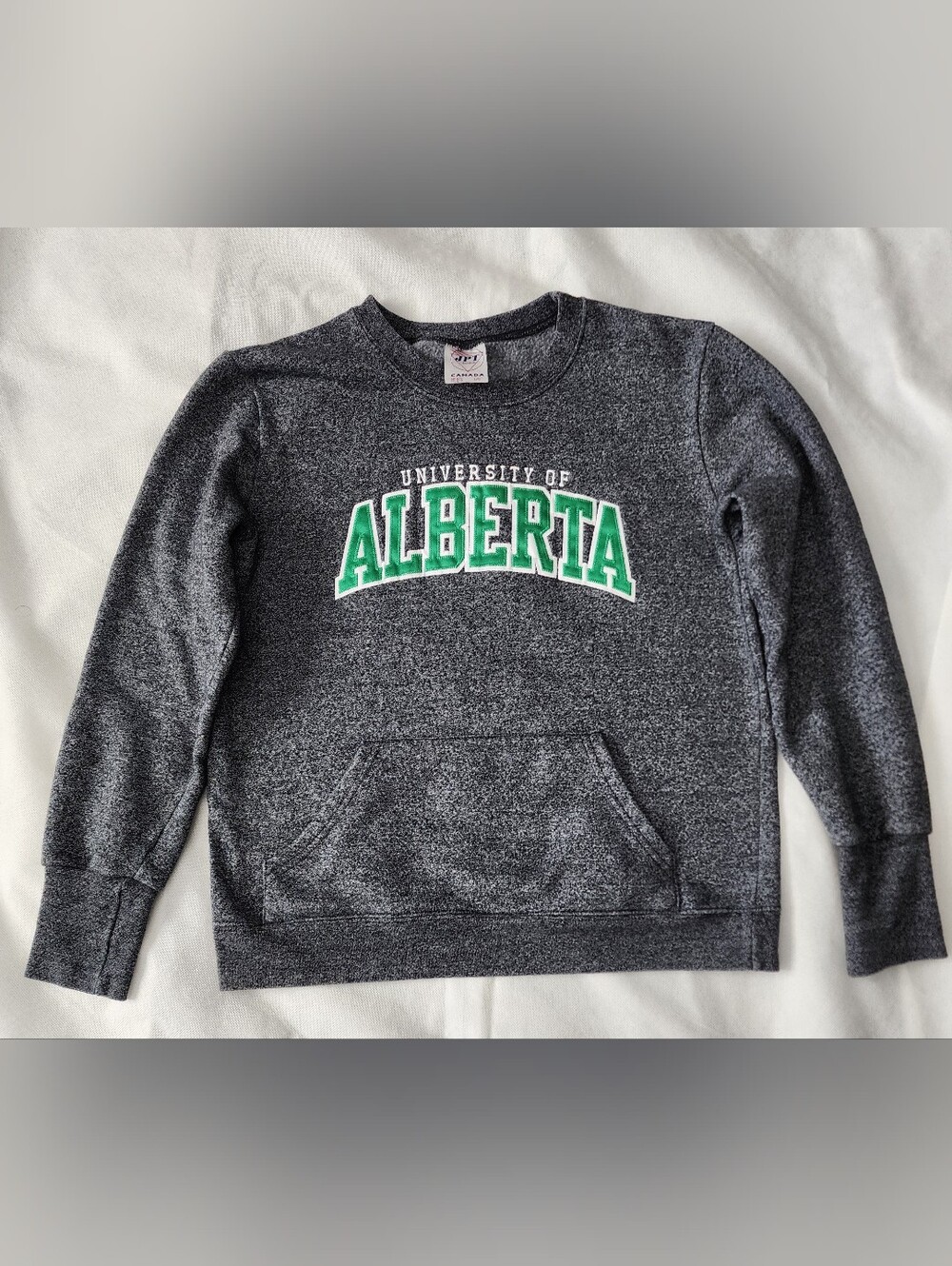 University of Alberta Women's Grey Crewneck Sweatshirt with Green Logo